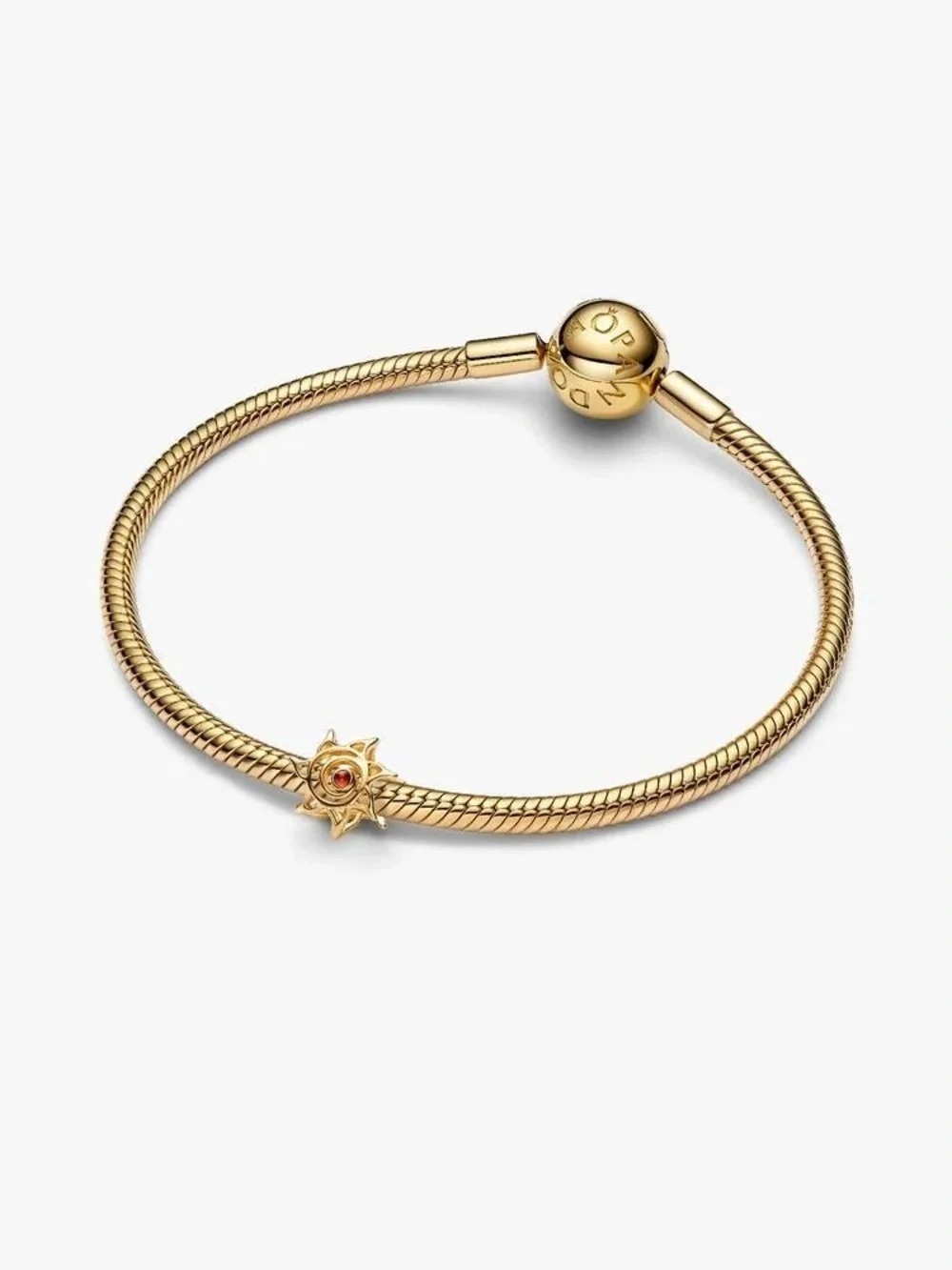Pandora Gold-Tone Snake Chain Bracelet with Sun Charm and Red Stone